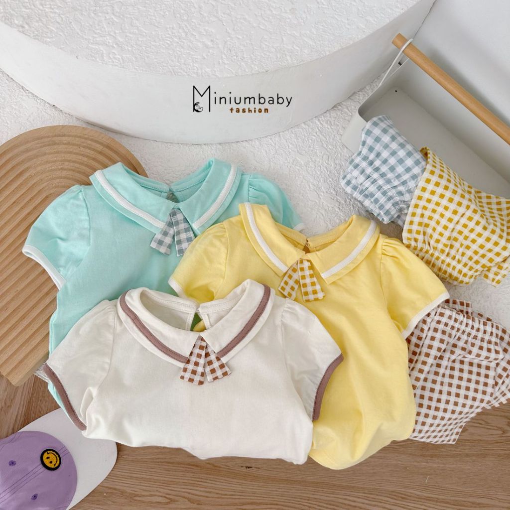 Bộ quần áo cộc tay cổ sen quần dài chất liệu cotton mềm mịn cho bé gái, thiết kế điệu đà, MiniumBaby SB1685