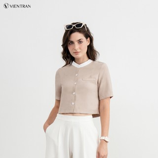 Áo Croptop VIENNE TRAN Cổ Tàu Phối Màu V61B23H030
