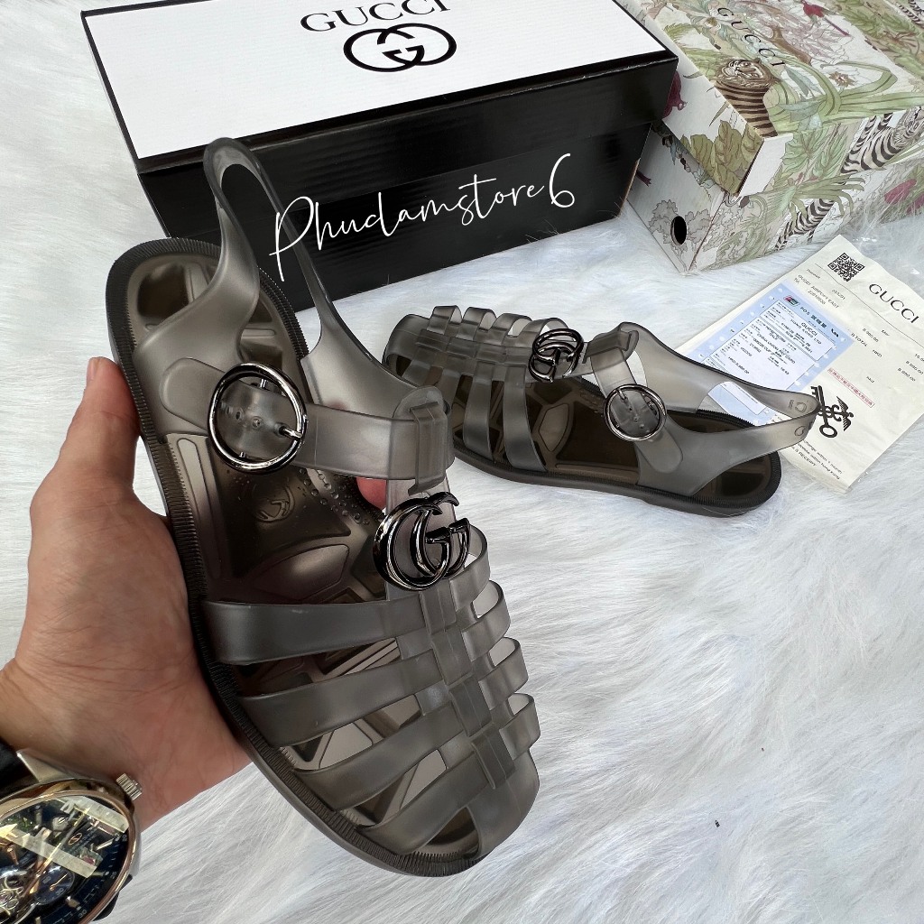 Dép dọ nam GC quai hậu nam sandal GC mặt kim loại đế đúc quai cao su non màu khói