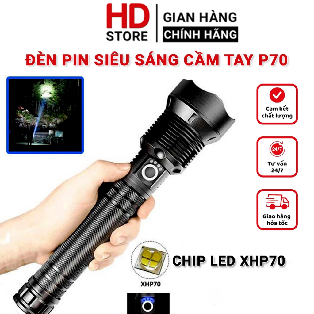 Đèn pin siêu sáng P70 - KAW chiếu xa 200m chip XHP70 siêu sáng chất liệu hợp kim chắc chắn dùng 2 loại pin 18650, 26650