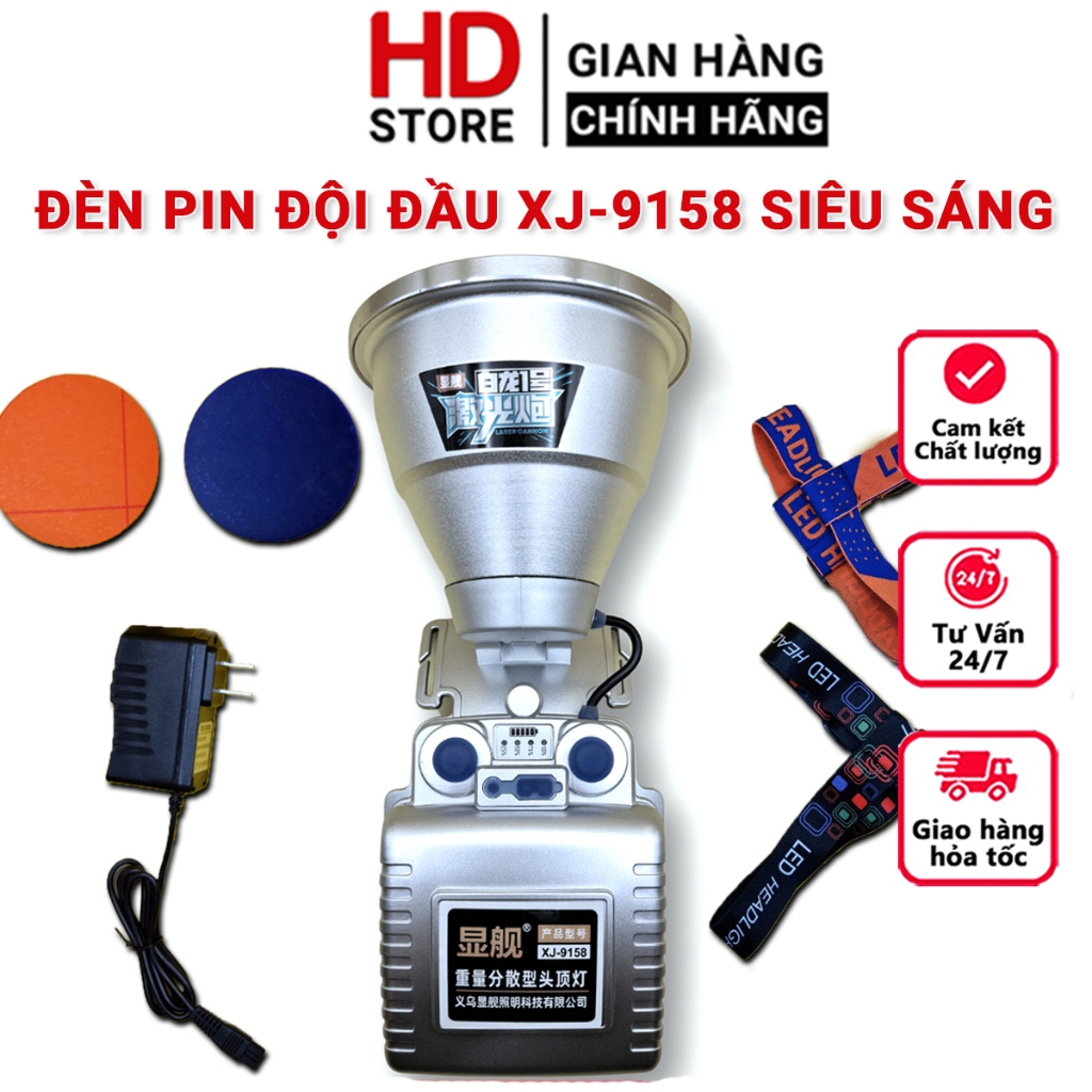 Đèn pin đội đầu XJ-9158 KAW siêu sáng chiếu xa 500 - 1000m tặng kèm choá xanh và choá vàng 2 dây đeo đầu