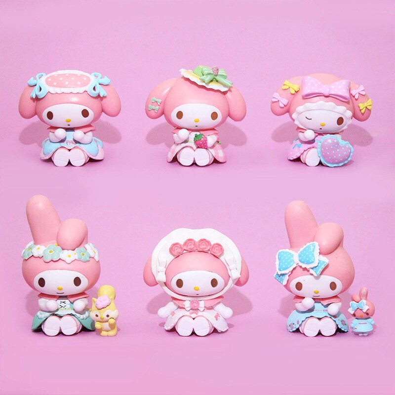 Bộ 6 Búp Bê Nhân Vật Hoạt Hình Sanrio My Melody Mặc Đầm Lolita - Dễ Thương Trang Trí Tinh Tế Cho Xe Hơi Gia Đình