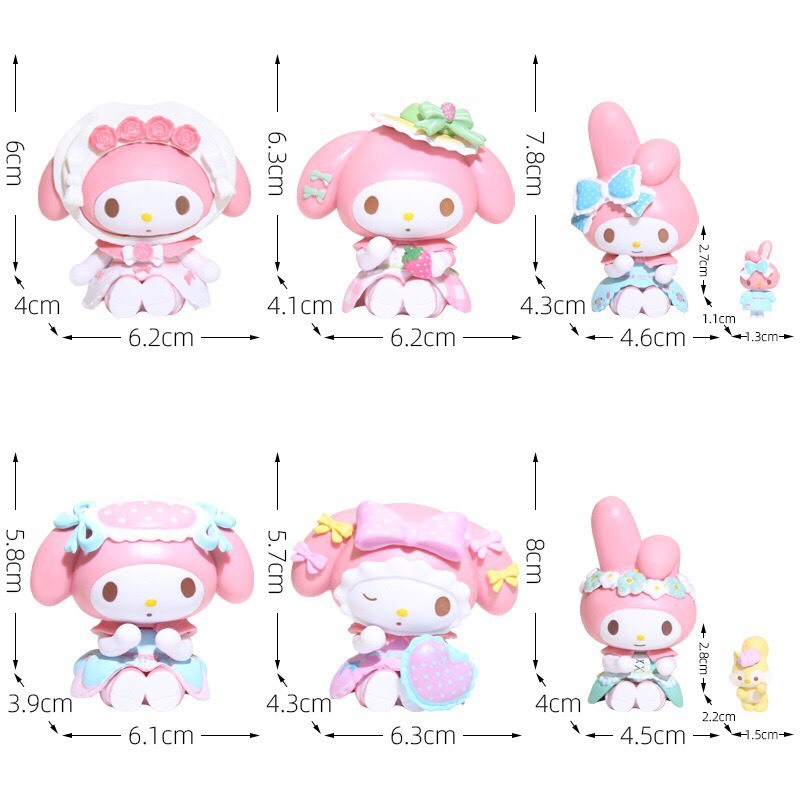 Bộ 6 Búp Bê Nhân Vật Hoạt Hình Sanrio My Melody Mặc Đầm Lolita - Dễ Thương Trang Trí Tinh Tế Cho Xe Hơi Gia Đình