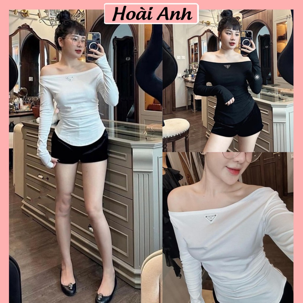 Áo Thun Prada Trễ Vai Dài Tay Ôm Body Áo Kiểu Nữ Freesize Co Giãn