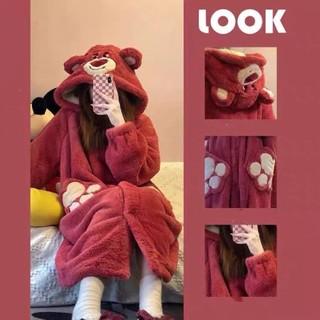 Váy ngủ lông gấu dâu lotso dễ thương, Bộ ngủ lông cừu san hô mềm mại mũ 2 lớp cực ấm