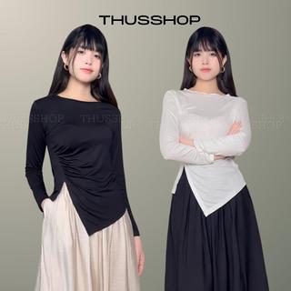 Áo Thun Nữ Rúm Eo Dài Tay (Có BIGSIZE)  Vạt Chéo Xẻ Tà Chất Cotton Mỏng Mềm Mát Có Giãn THUS900