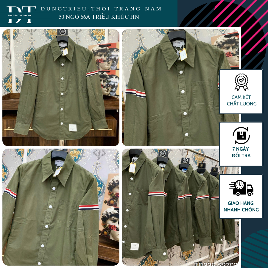 Áo sơ mi Thom Brown.e xanh rêu độc lạ phối vải sọc đỏ trắng siêu đẹp-Áo sơ mi dài tay form dáng trẻ trung cực chất