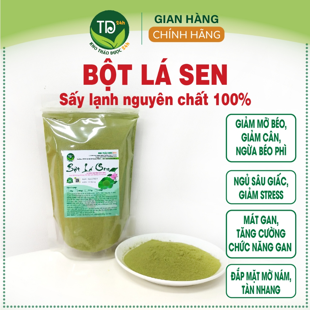 Bột lá sen sấy lạnh nguyên chất 100%, giảm mỡ béo, giảm cân, ngủ ngon, mát gan, mờ nám, tàn nhang, hàng công ty, giá tốt
