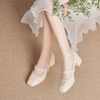 Giày Gót Vuông LOVE Mũi Bầu Quai Ngang Đan Da Mềm Cao 6p QCCC Fullbox