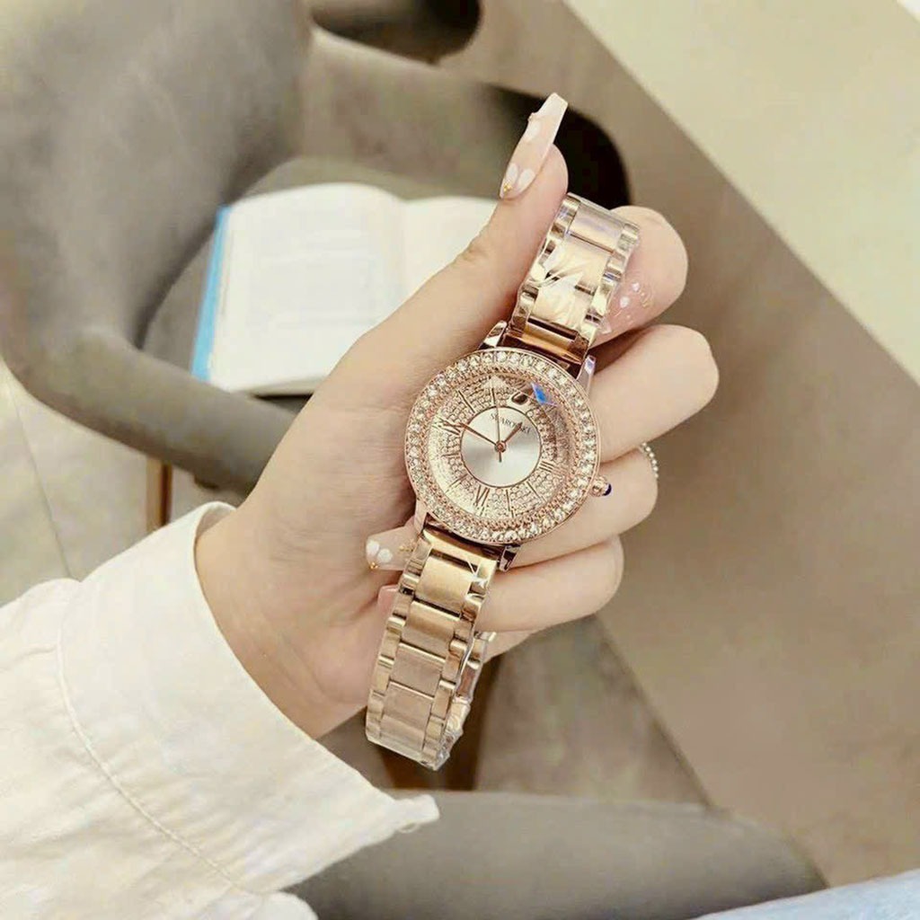 Đồng hồ nam nữ swarovski mặt tròn viền đá dây thép đúc, khóa bấm sang trong cao cấp, chống nước bảo hành 12 tháng