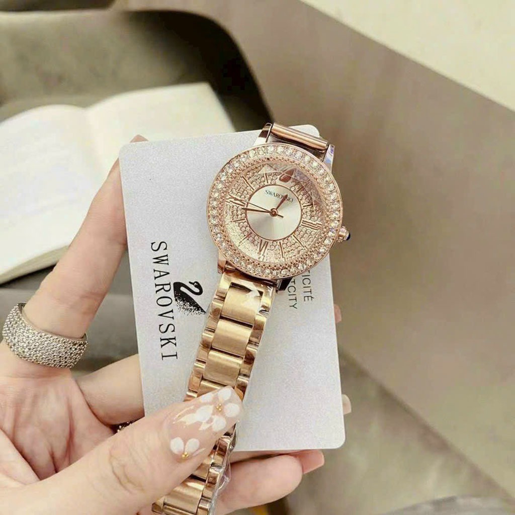 Đồng hồ nam nữ swarovski mặt tròn viền đá dây thép đúc, khóa bấm sang trong cao cấp, chống nước bảo hành 12 tháng