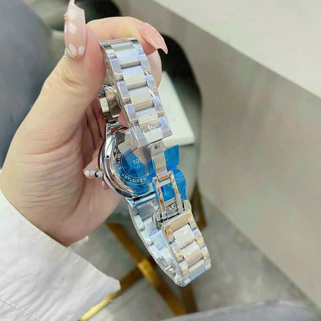 Đồng hồ nam nữ swarovski mặt tròn viền đá dây thép đúc, khóa bấm sang trong cao cấp, chống nước bảo hành 12 tháng