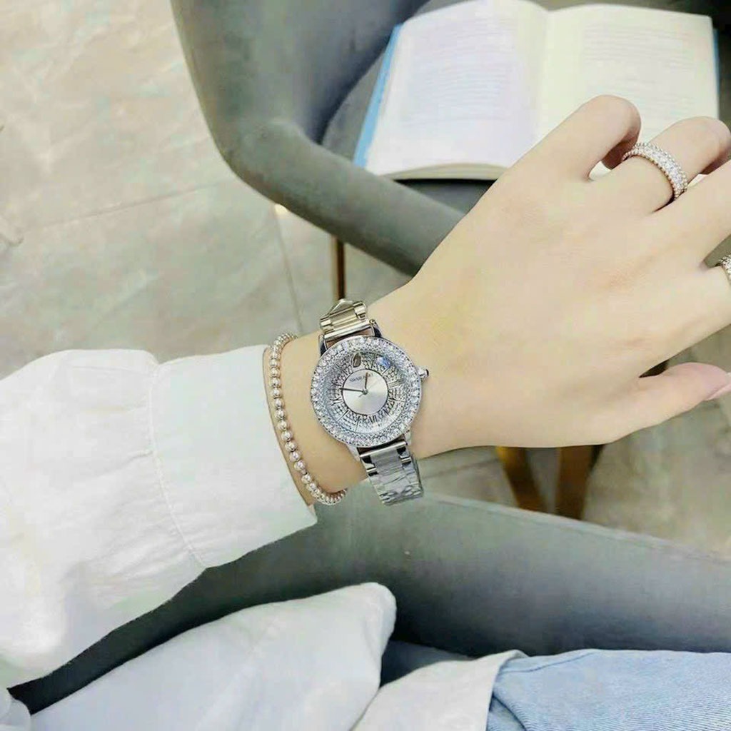 Đồng hồ nam nữ swarovski mặt tròn viền đá dây thép đúc, khóa bấm sang trong cao cấp, chống nước bảo hành 12 tháng