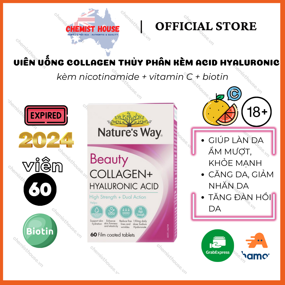 Viên uống collagen HA thủy phân kèm hyaluronic acid - Natures Way Beauty Collagen + Hyaluronic Acid 60 Capsules