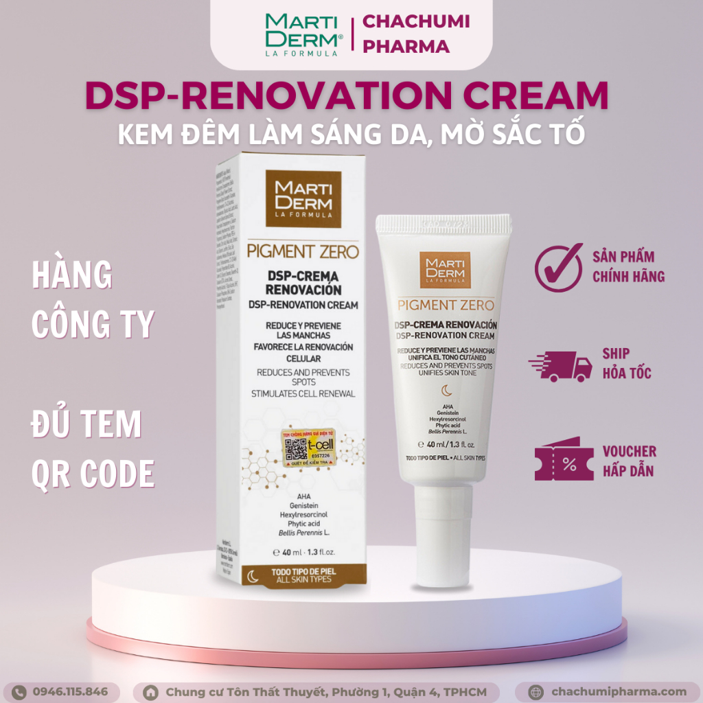 Kem đêm làm sáng da, mờ sắc tố, duy trì sau hydroquinone martiderm pigment zero dsp renovation cream