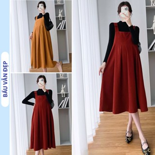 [V127] SET VÁY YẾM BẦU THU ĐÔNG DÀI TAY GỒM ÁO THUN CO GIÃN TỐT VÀ VÁY NHUNG ĐIỆU ĐÀ - ĐẦM BẦU BABYDOLL XINH FREESIZE