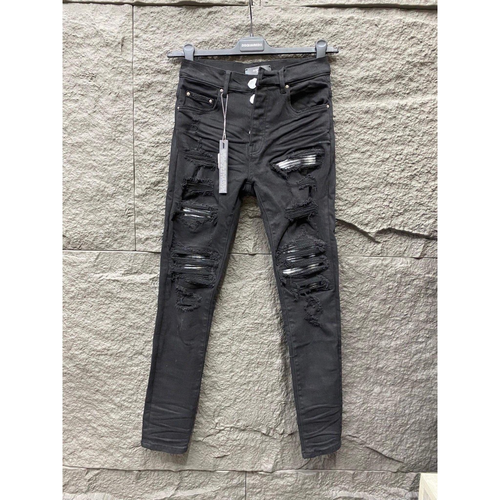 Quần JEAN Nam AMIRI Like_AU Skinny Đen Vá Cứng 4 Cúc Quần Bò Amiri Super 4 Cúc Nam Rách Vá Gối Họa Tiết