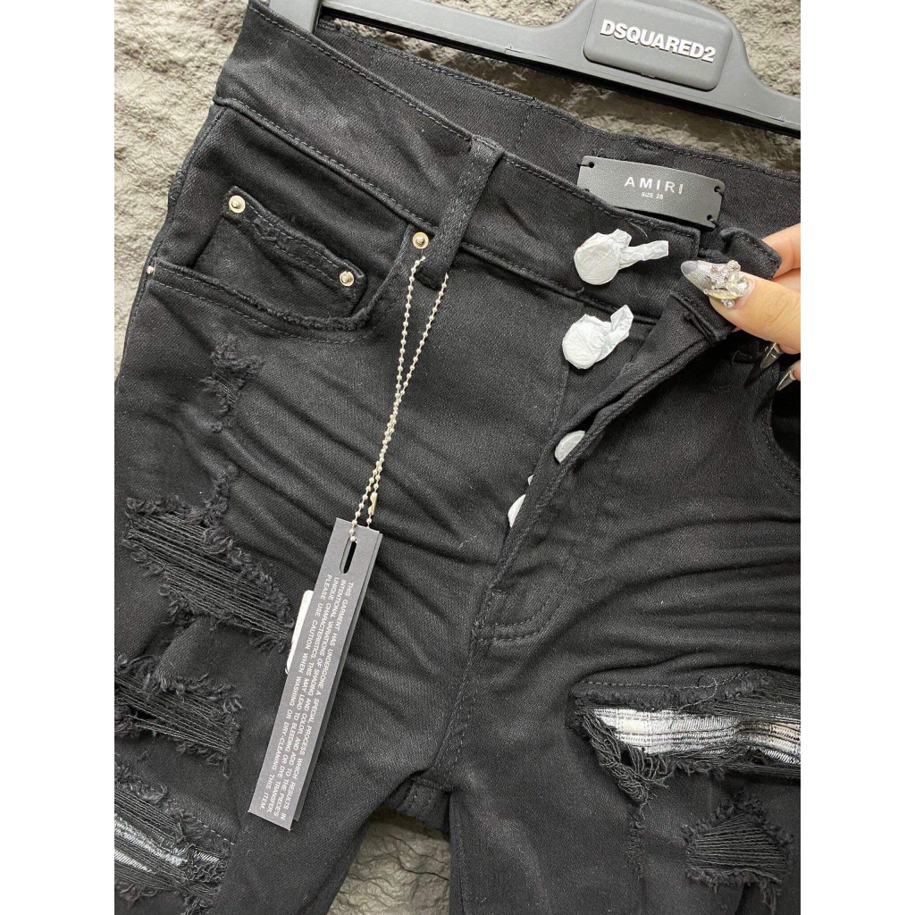 Quần JEAN Nam AMIRI Like_AU Skinny Đen Vá Cứng 4 Cúc Quần Bò Amiri Super 4 Cúc Nam Rách Vá Gối Họa Tiết