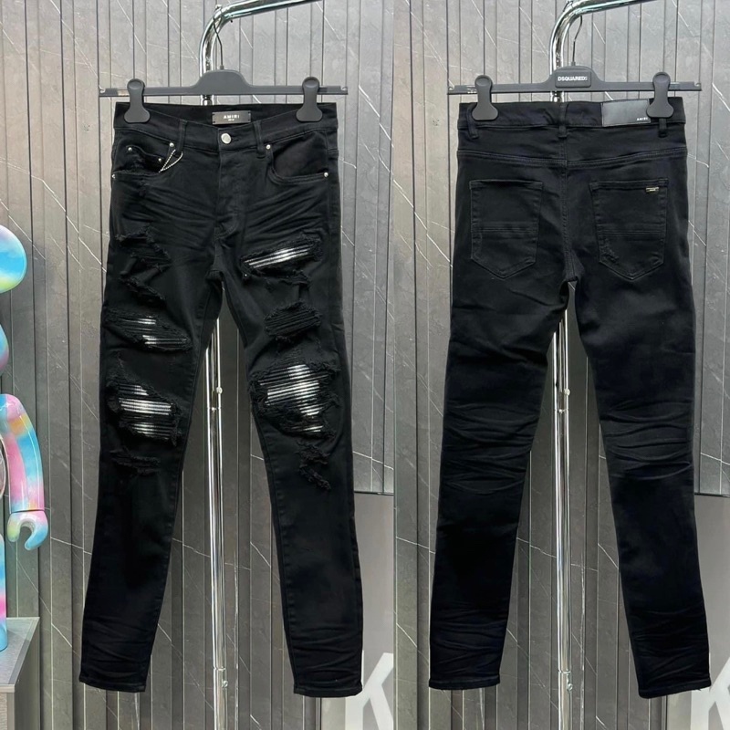 Quần JEAN Nam AMIRI Like_AU Skinny Đen Vá Cứng 4 Cúc Quần Bò Amiri Super 4 Cúc Nam Rách Vá Gối Họa Tiết