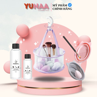 Combo vệ sinh dụng cụ makeup trang điểm, cọ, mút, bông - tô rửa, giỏ lưới phơi, dung dịch làm sạch cọ