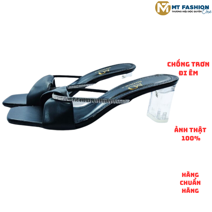 Sandal giày Dép Dây Đính Đá Mũi Vuống Chính Hãn MT MT fashion One Dây đính đá Sang Gót Vuông 7 Phân êm ái -P0001
