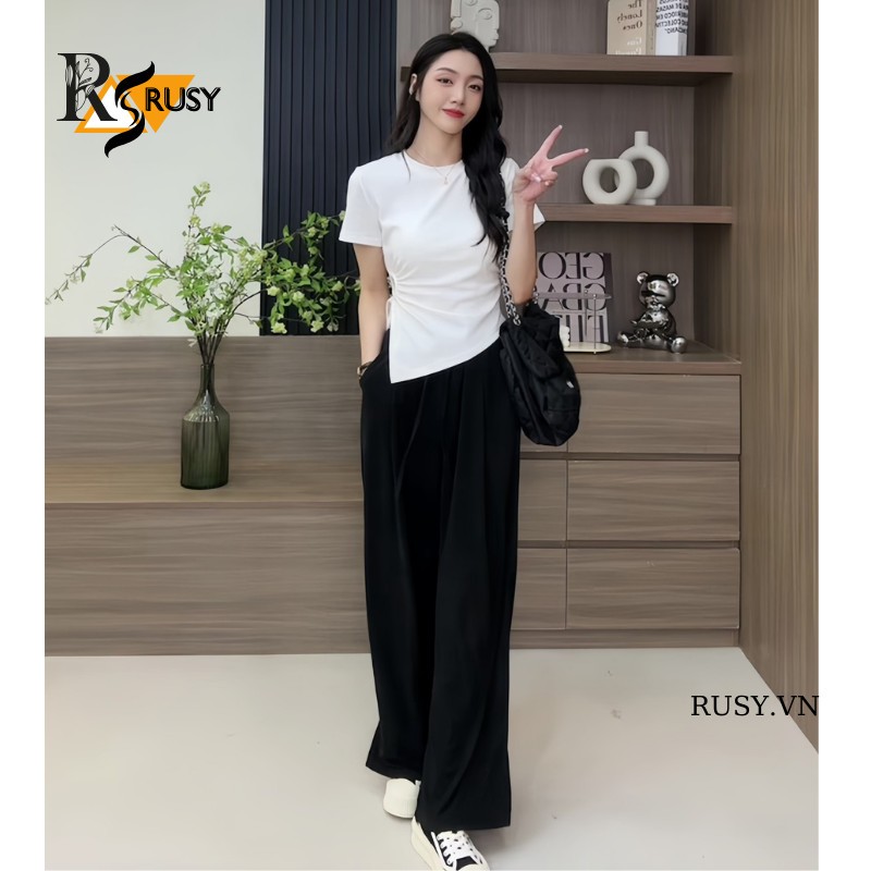 Áo Thun Khoét Bên Eo Vạt Nhọn , Áo Cộc Tay Rút Dây ￼Khoét Eo Chun Thắt Dây Phong Cách Hàn Quốc Rusy