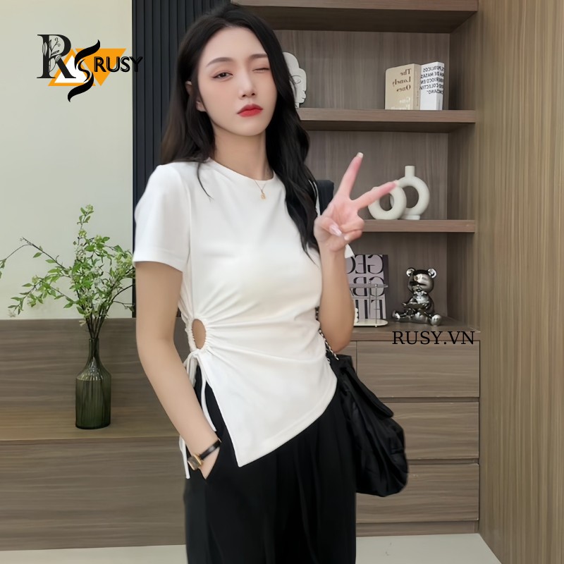 Áo Thun Khoét Bên Eo Vạt Nhọn , Áo Cộc Tay Rút Dây ￼Khoét Eo Chun Thắt Dây Phong Cách Hàn Quốc Rusy