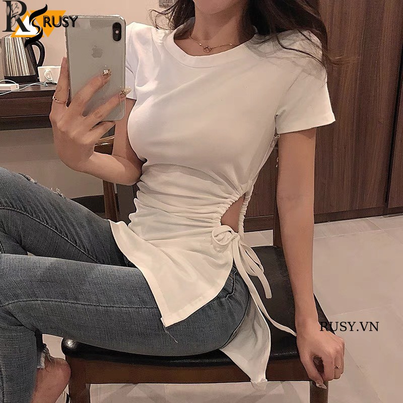 Áo Thun Khoét Bên Eo Vạt Nhọn , Áo Cộc Tay Rút Dây ￼Khoét Eo Chun Thắt Dây Phong Cách Hàn Quốc Rusy