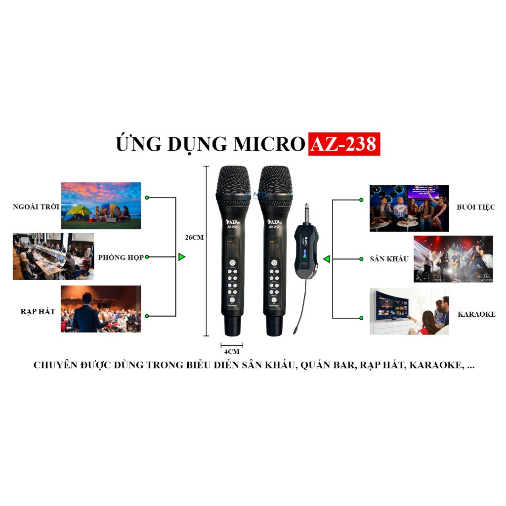 Micro Không Dây Đa Năng AZPro AZ-238 - Micro Karaoke Cao Cấp Tích Hợp Bass Treble Echo Ngay Trên Micro, Âm Thanh Mượt Mà
