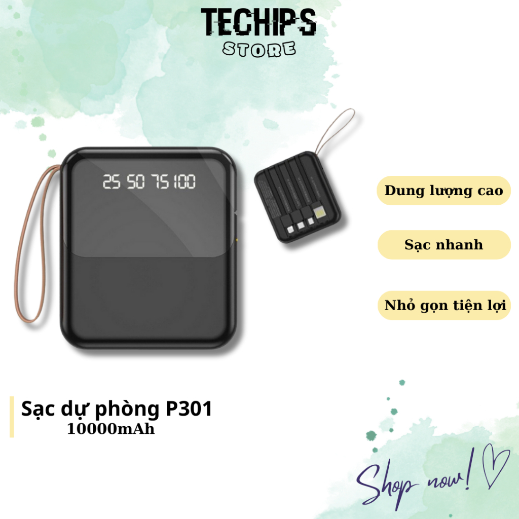Sạc Dự Phòng Sendem P301, Chính HãngTECHHIN , 10000mAh, Tích Hợp 4 Dây Sạc, Nhỏ Gọn Thời Trang, Màu Sắc Đa Dạng