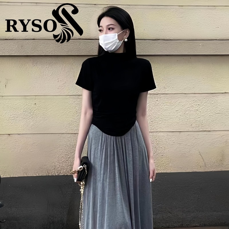 Áo Thun Tay Ngắn Cổ Tròn Tôn Dáng Vải Thun Gân Co Giãn Mềm Mại RYSO FASHION Kiểu Croptop Cổ Lọ Nhún Eo