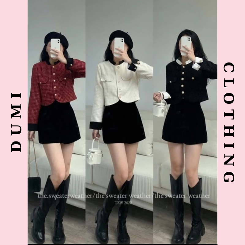 Áo khoác dạ tweed dáng ngắn phối viền nhung cổ tay , Áo khoác dạ tweed nữ sang chảnh Dumi Clothing