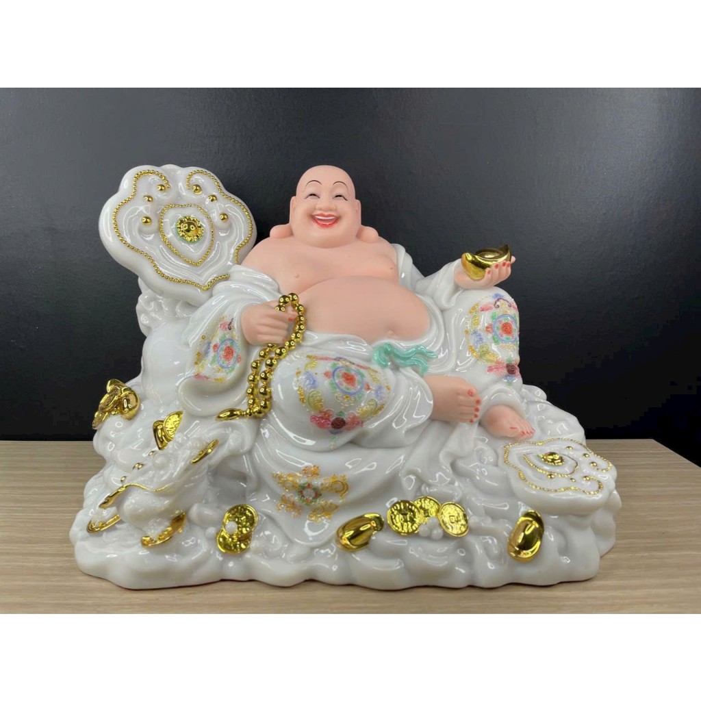 Tượng phật Di lặc ngồi gậy như ý 16inch chất liệu bột đá
