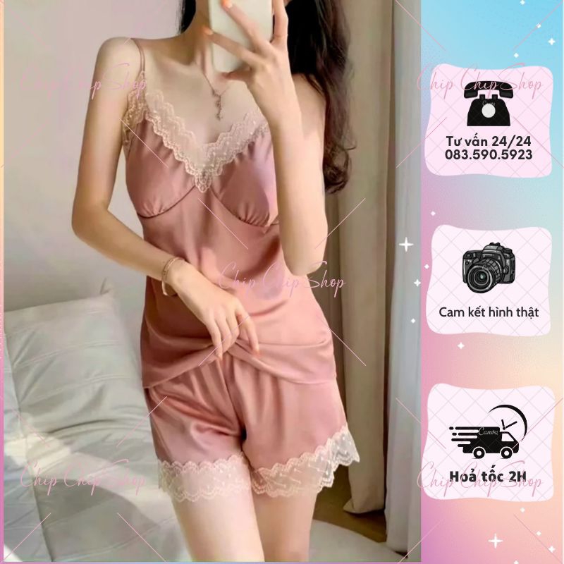❤️SIÊU DỄ THƯƠNG❤️Đồ bộ đùi chất satin áo 2 dây viền ren mặc nhà , mềm mịn mát chipchip90 s44