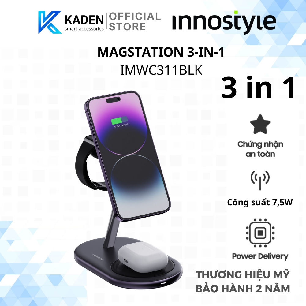 Đế Sạc Nhanh INNOSTYLE Không Dây Đa Năng 3in1-IMWC311BLK-Hàng Chính Hãng