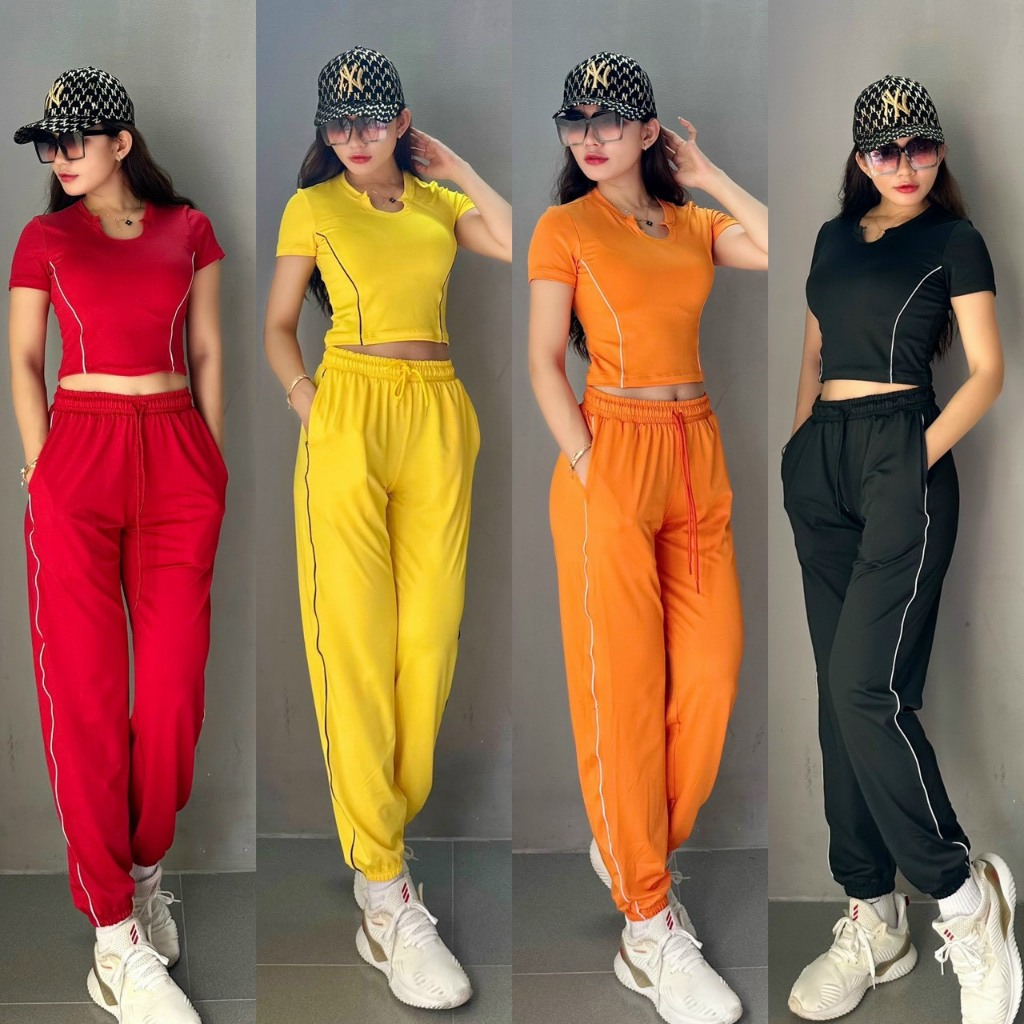 Bộ Đồ Tập Thể Thao Nữ Áo Croptop Quần Jogger Thun Lạnh Tập Gym Yoga Aerobic Cầu Lông