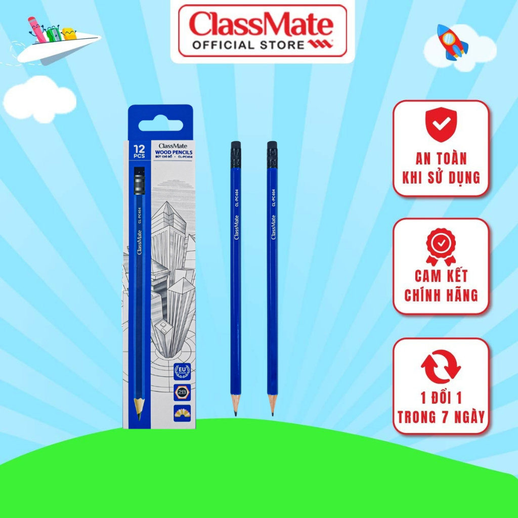Hộp 12 Chiếc Bút Chì Gỗ Có Tẩy 2B CLASSMATE Nét Bút Mịn, Thiết Kế Đơn Giản , Dùng Để Luyện Chữ Cho Học Sinh CL-PC404