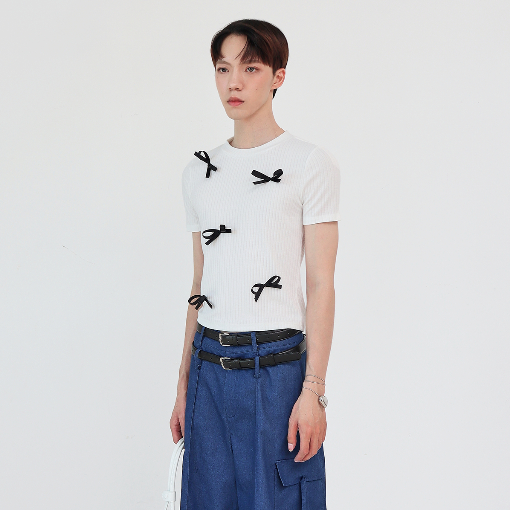 BETTONY Poupée Ribbed Tee - Áo baby tee đính nơ