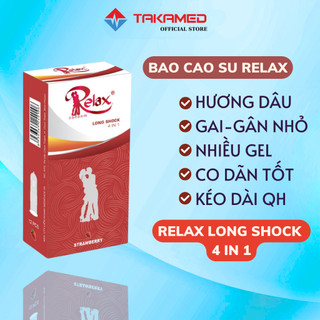 Bao cao su Relax 4 in 1 siêu mỏng, gân gai, kéo dài thời gian quan hệ hương dâu hộp 12 BCS