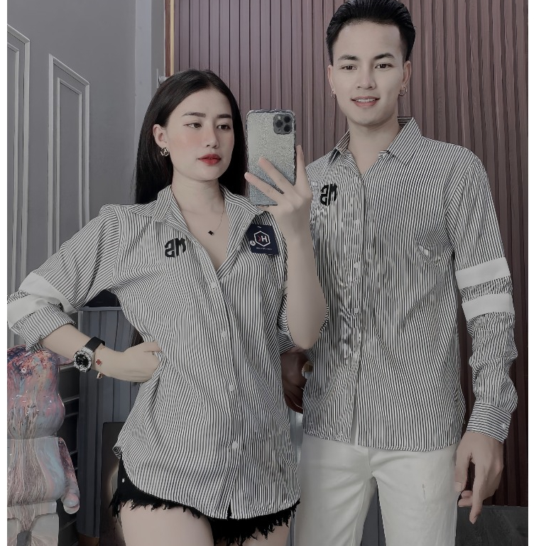 Áo Sơ Mi Đôi Dài Tay Phối Viền Tay In Logo Kẻ Sọc Dễ Thương Vải Đẹp Bền Màu