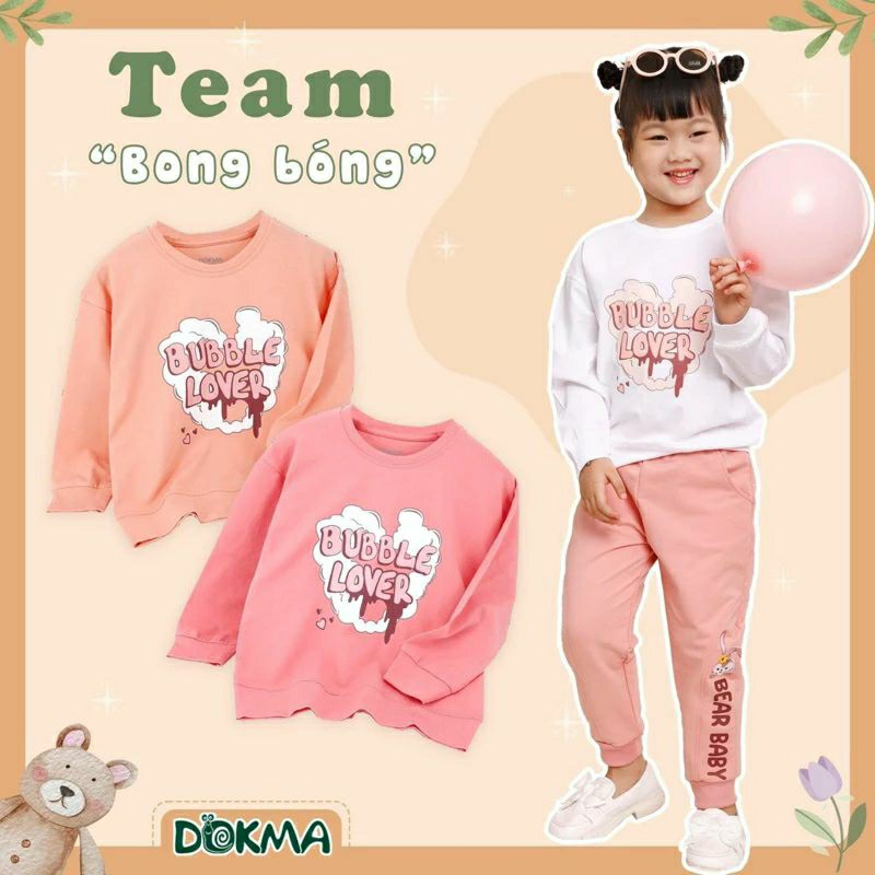 DOKMA Áo cố tròn dài tay bé gái cotton thu đông Dokma