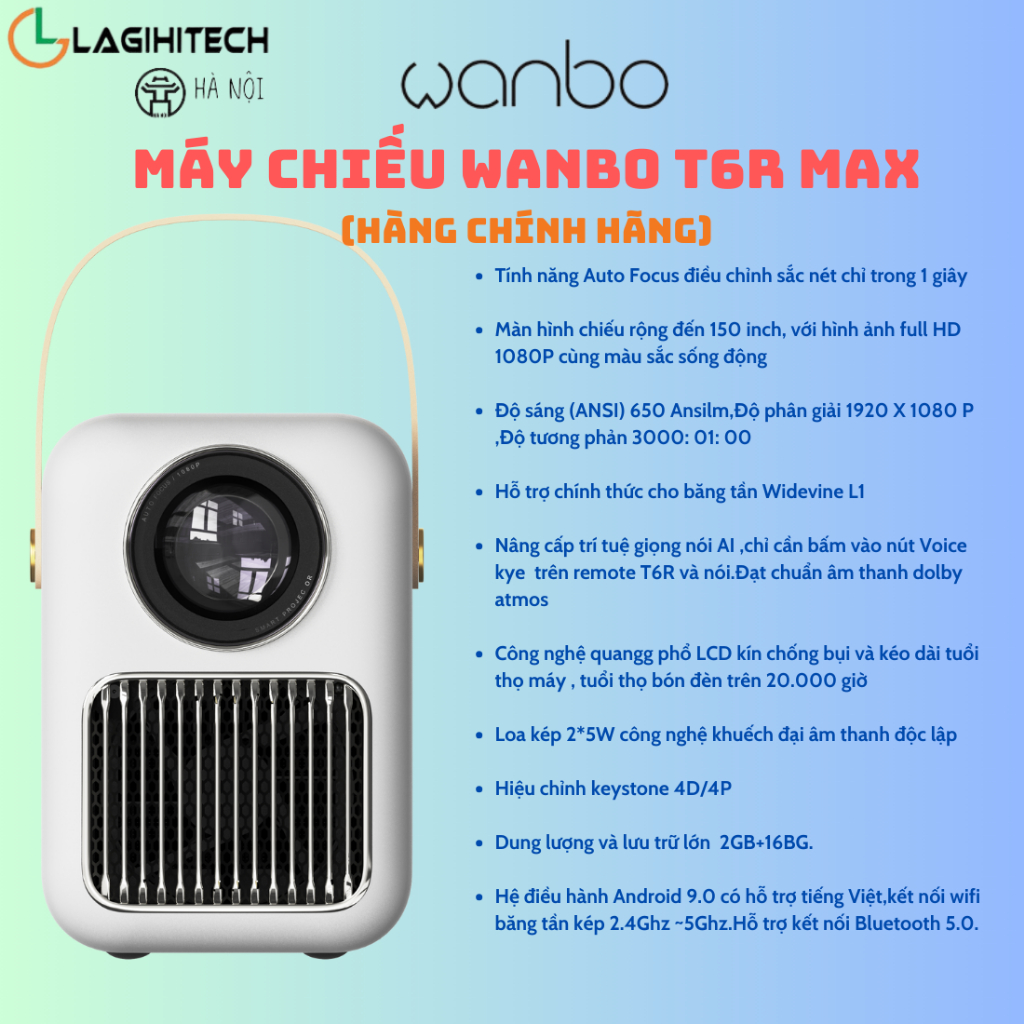 Máy Chiếu Mini Wanbo T6R Full HD 1080p, Android TV 9.0, Điều Khiển Giọng Nói - Hàng Chính Hãng - Bảo Hành 12 Tháng