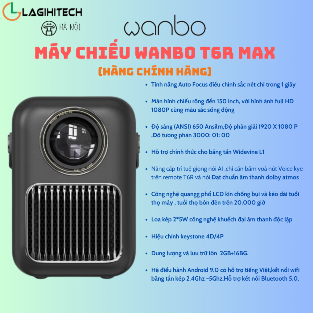 Máy Chiếu Mini Wanbo T6R Full HD 1080p, Android TV 9.0, Điều Khiển Giọng Nói - Hàng Chính Hãng - Bảo Hành 12 Tháng
