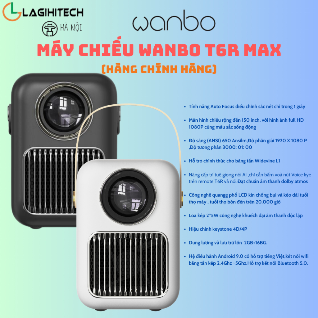 Máy Chiếu Mini Wanbo T6R Full HD 1080p, Android TV 9.0, Điều Khiển Giọng Nói - Hàng Chính Hãng - Bảo Hành 12 Tháng