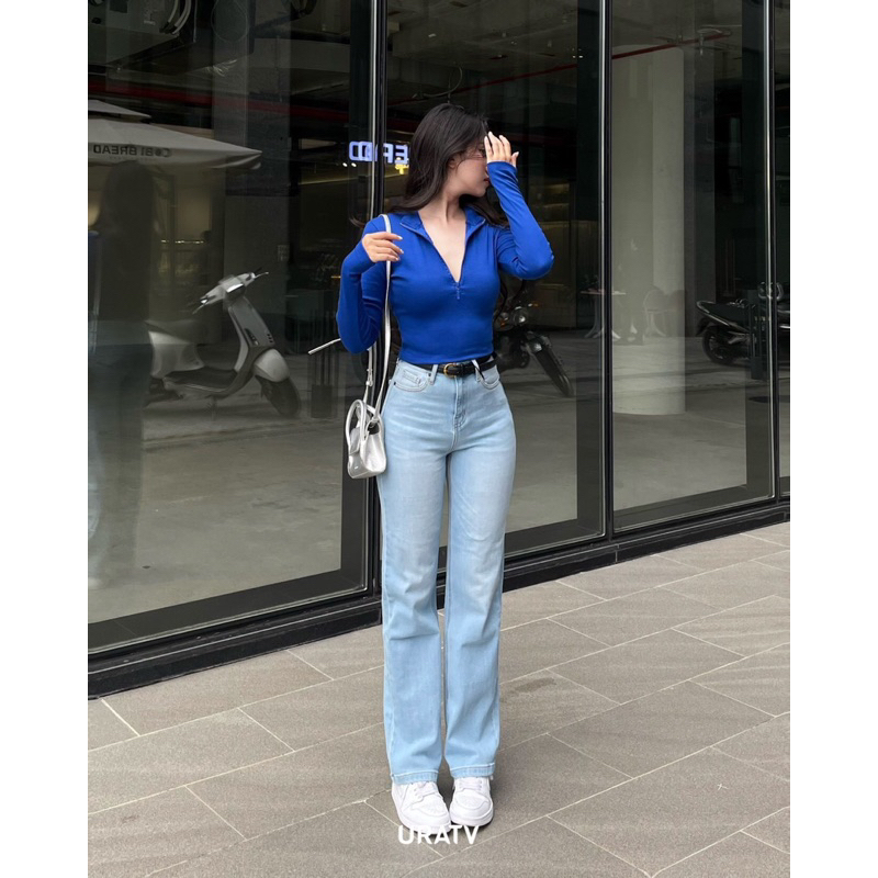 Quần jeans suông dài 98cm ống đứng lưng cao co giãn URATV