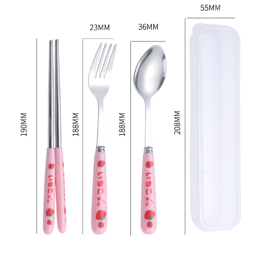 Bộ thìa dĩa đũa dâu tây BTDD3a có hộp đựng văn phòng du lịch dã ngoại