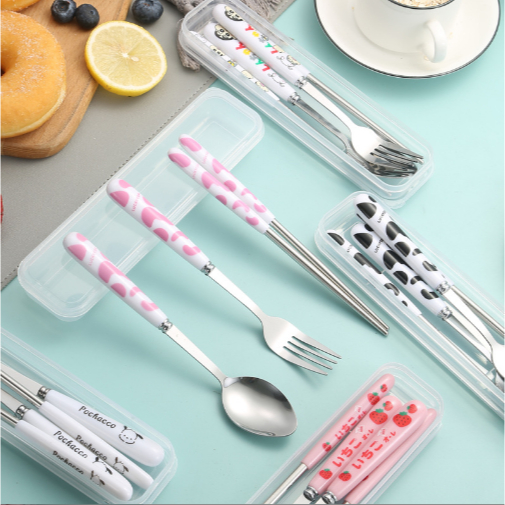 Bộ thìa dĩa đũa bò sữa hồng BTDD2a có hộp đựng văn phòng du lịch dã ngoại