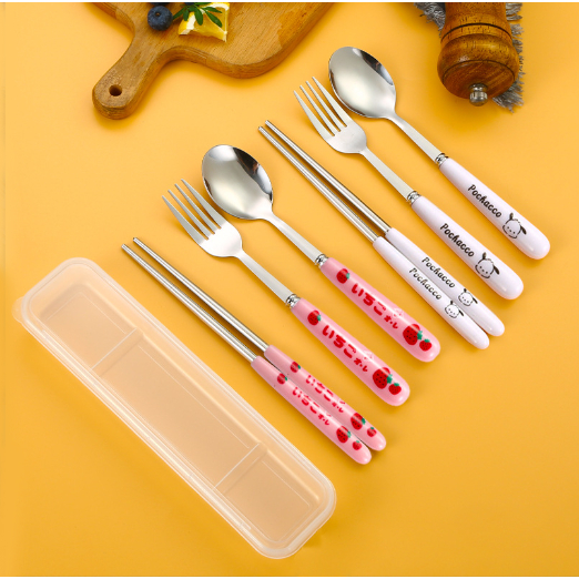 Bộ thìa dĩa đũa dâu tây BTDD3a có hộp đựng văn phòng du lịch dã ngoại