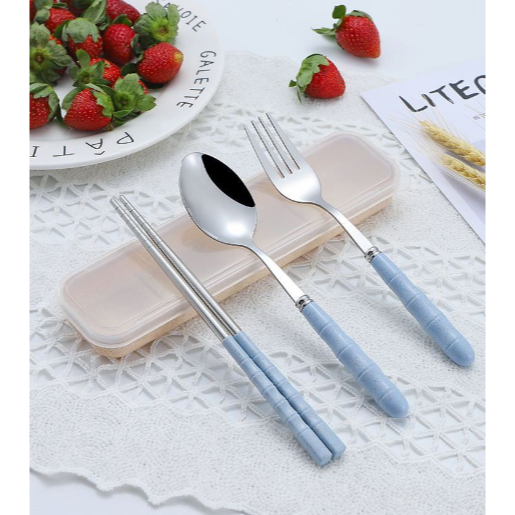 Bộ thìa dĩa đũa pastel có gân BTDD6a có hộp đựng văn phòng du lịch dã ngoại
