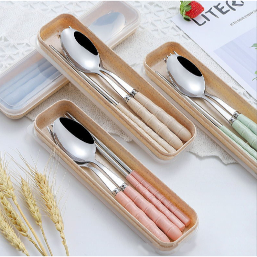 Bộ thìa dĩa đũa pastel có gân BTDD6a có hộp đựng văn phòng du lịch dã ngoại